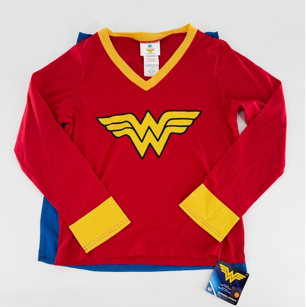 DC COMICS Wonder Woman Costume Shirt With Detachable Cape Red Blue Girls Large